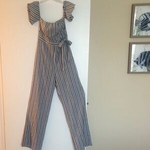 🌷Fashion Nova Gray/White Striped Jumpsuit NWT